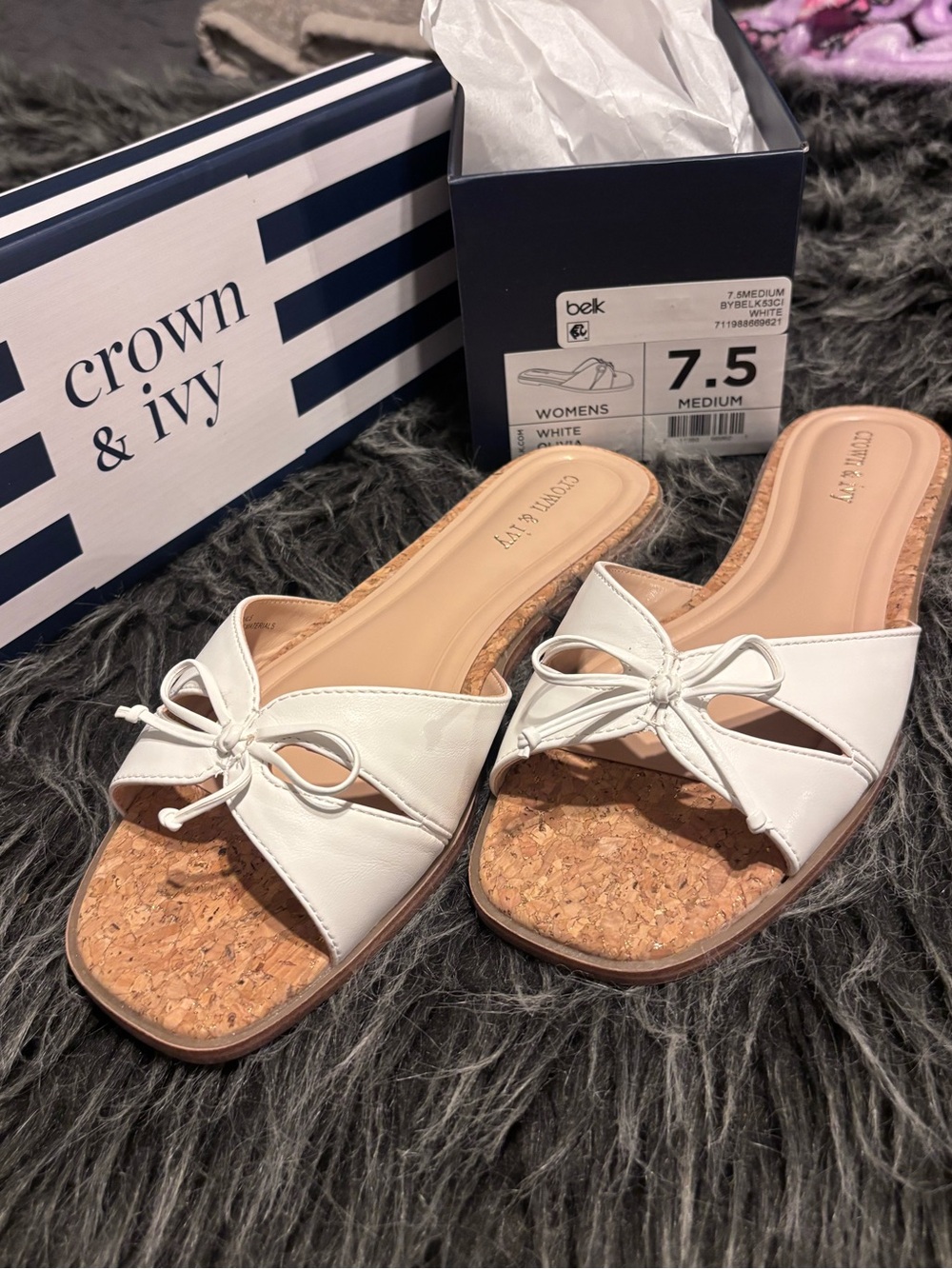 Crown & Ivy White Bow Cork Slide Sandals - Women
